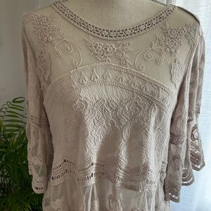 Pretty Embroidered Lace Boho Top in Light taupe tan color bell sleeves